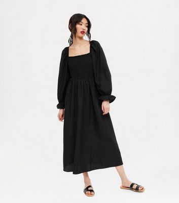 Black Shirred Puff Sleeve Midi Dress ...